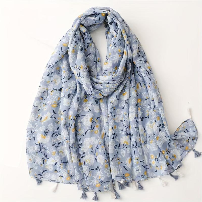 Boho Flower Print Tassel Scarf Shawl for Women