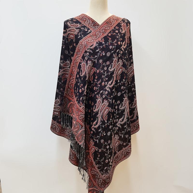 Jacquard Tassel Scarf Paisley Print Wine Red Wrap Women's Shawl