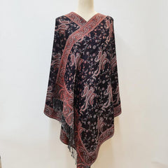 Jacquard Tassel Scarf Paisley Print Wine Red Wrap Women's Shawl