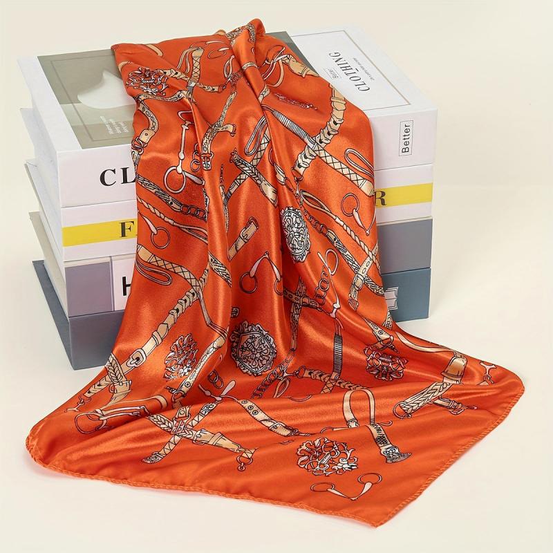 Geometric Chain Print Bandana Square Scarf Satin Neckerchief Women