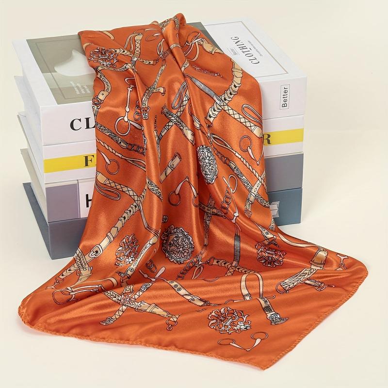 Geometric Chain Print Bandana Square Scarf Satin Neckerchief Women