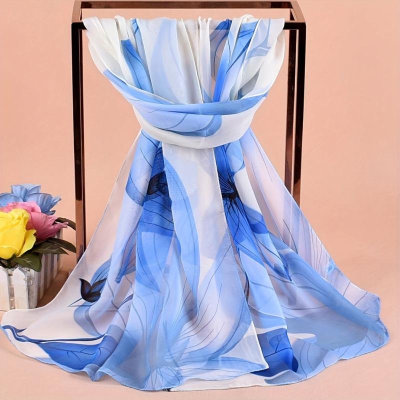 Lotus Print Chiffon Scarf Block Boho Sunscreen Shawl Windproof Head Wrap