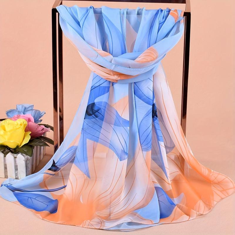 Lotus Print Chiffon Scarf Block Boho Sunscreen Shawl Windproof Head Wrap