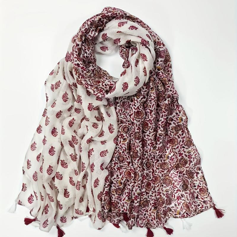 Red Printed Yarn Scarf Thin Soft Comfortable Fringed Shawl