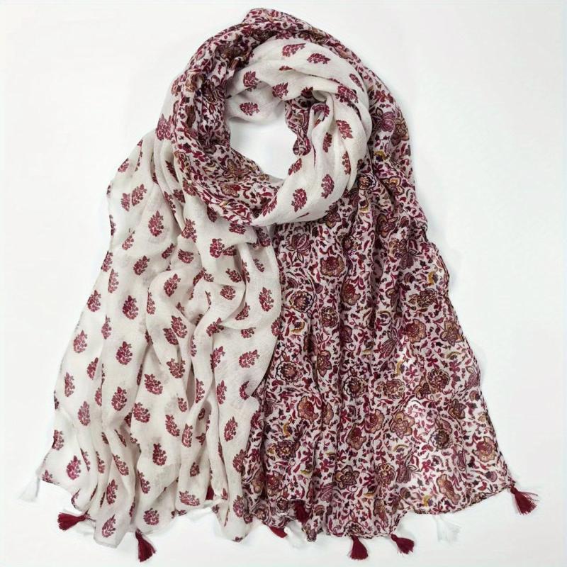 Red Printed Yarn Scarf Thin Soft Comfortable Fringed Shawl