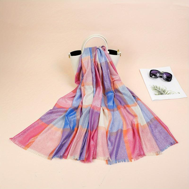 Light Thin Golden Scarf Plaid Large Tassel Shawl Casual Outdoor Inelastic Scarf