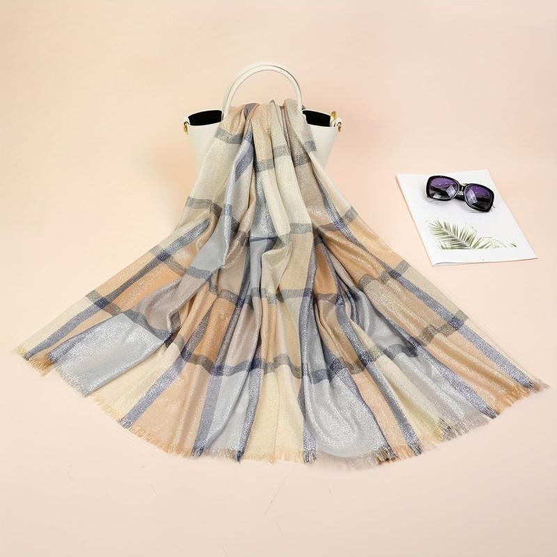 Light Thin Golden Scarf Plaid Large Tassel Shawl Casual Outdoor Inelastic Scarf