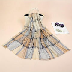 Light Thin Golden Scarf Plaid Large Tassel Shawl Casual Outdoor Inelastic Scarf