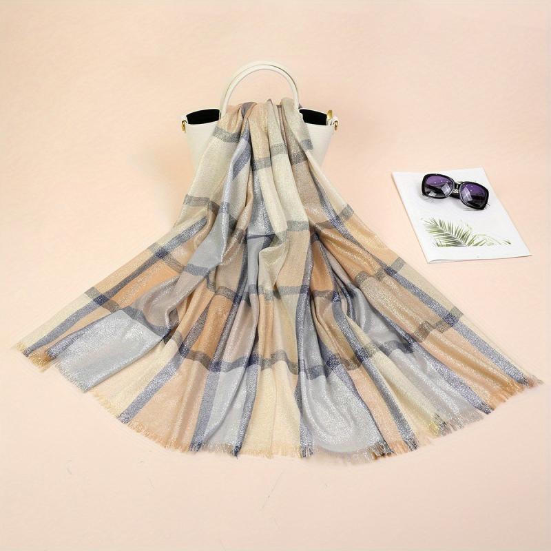 Light Thin Golden Scarf Plaid Large Tassel Shawl Casual Outdoor Inelastic Scarf