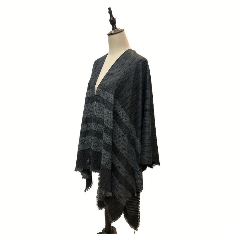 Vintage Gray Stripe Frayed Edge Scarf Windproof Cape Cardigan