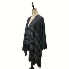 Vintage Gray Stripe Frayed Edge Scarf Windproof Cape Cardigan