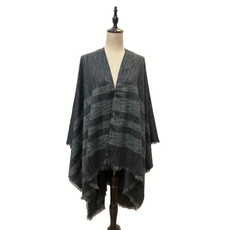 Vintage Gray Stripe Frayed Edge Scarf Windproof Cape Cardigan