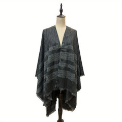 Vintage Gray Stripe Frayed Edge Scarf Windproof Cape Cardigan