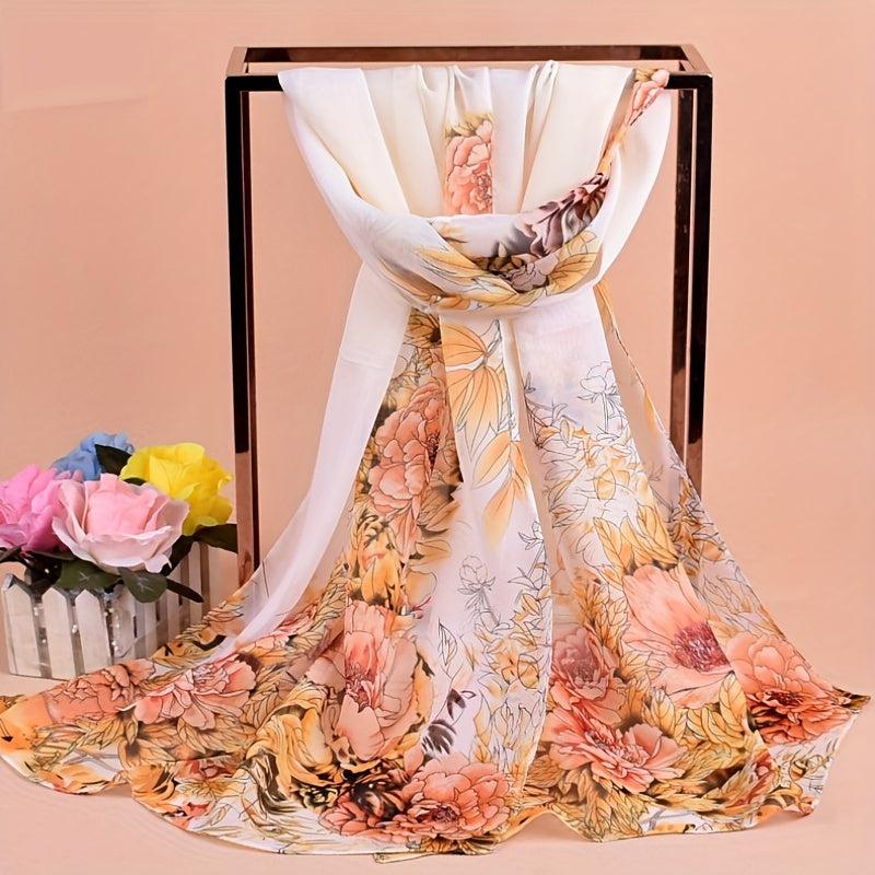 Chiffon Flower Print Long Scarf - Sunscreen Shawl