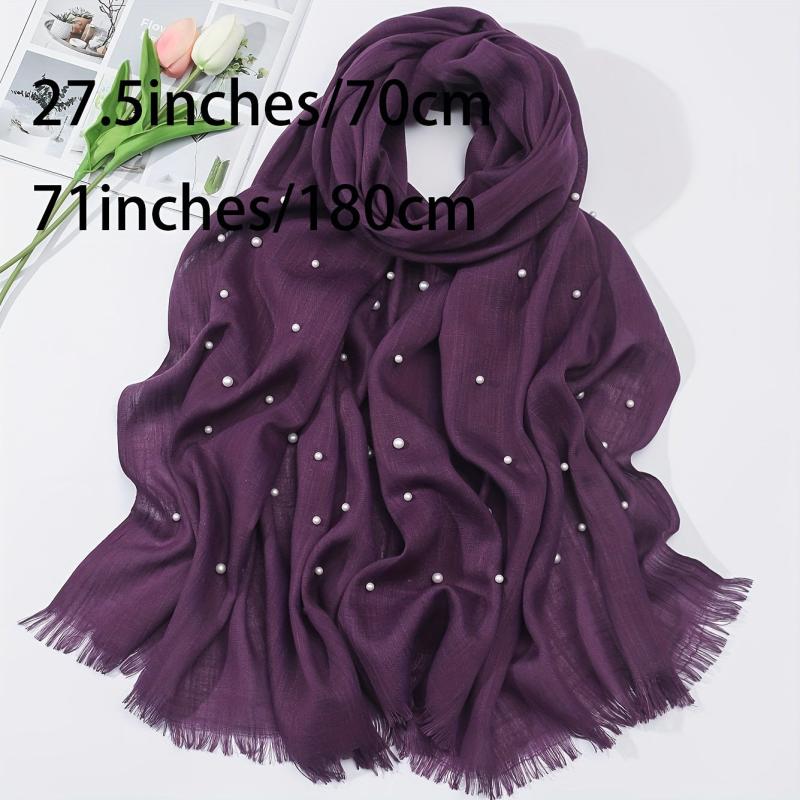 Faux Pearl Decor Raw Trim Scarf Shawl Wrap for Daily Wear Purple
