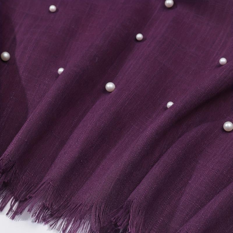 Faux Pearl Decor Raw Trim Scarf Shawl Wrap for Daily Wear Purple