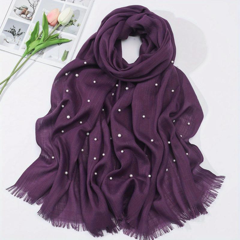 Faux Pearl Decor Raw Trim Scarf Shawl Wrap for Daily Wear Purple