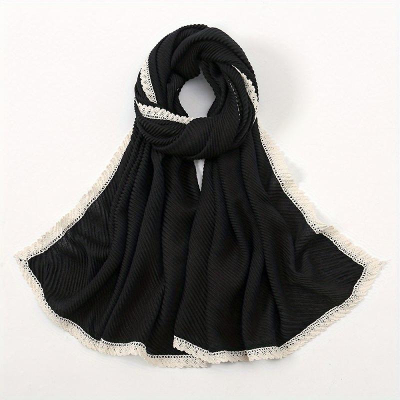 Solid Crinkle Striped Shawl Soft Warm Scarf