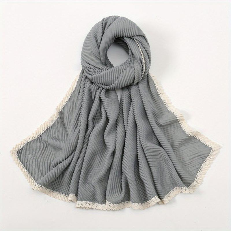 Solid Crinkle Striped Shawl Soft Warm Scarf