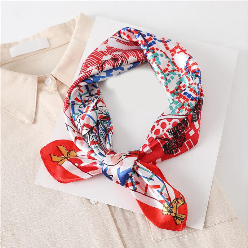 Plaid Print Square Scarf Satin Bandana Neckerchief Women Silk Head Wrap