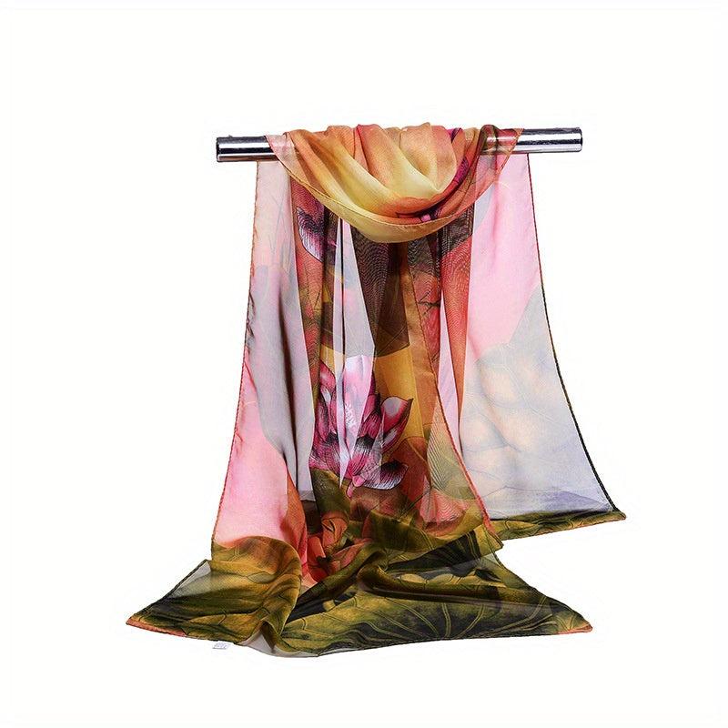 Vintage Lotus Print Thin Scarf Casual Gauze Shawl Head Wrap