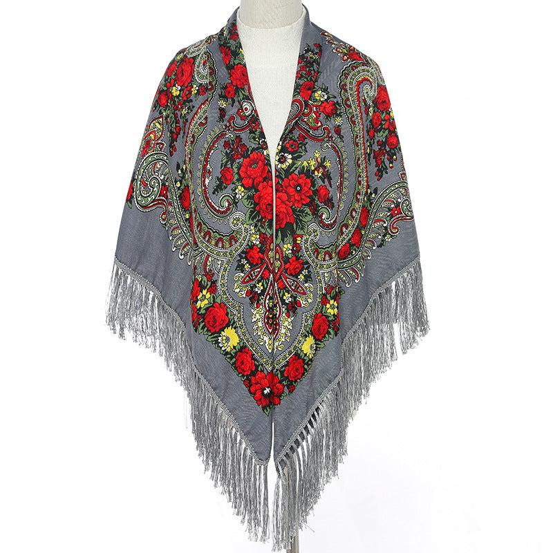 Boho Printing Large Square Scarf Traditional Retro Tassel Scarf Wrap