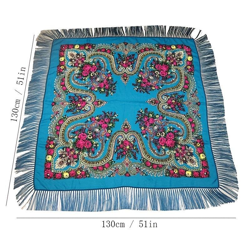 Boho Printing Large Square Scarf Traditional Retro Tassel Scarf Wrap