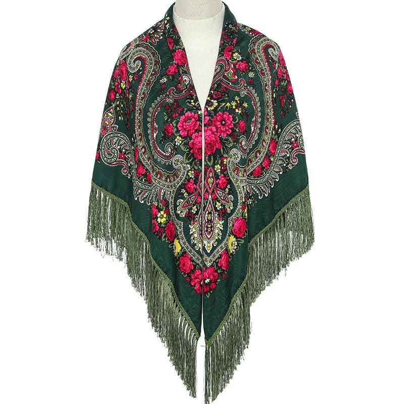 Boho Printing Large Square Scarf Traditional Retro Tassel Scarf Wrap