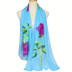 Rose Print Chiffon Scarf Thin Sunscreen Shawl