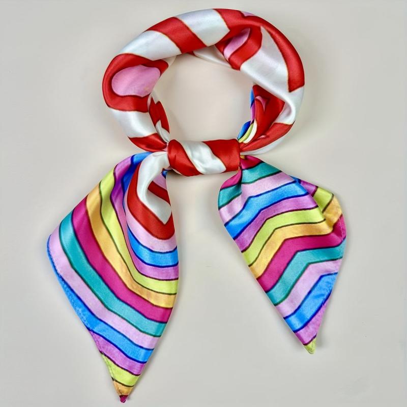 Colorful Striped Square Scarf Slogan Print Silky Sunscreen Bandana