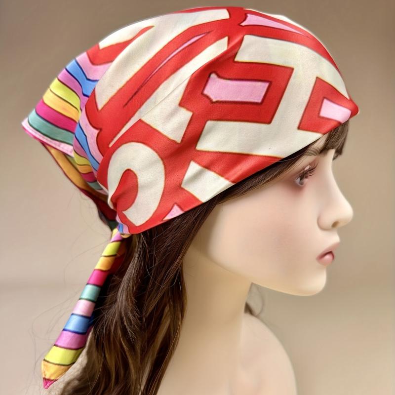 Colorful Striped Square Scarf Slogan Print Silky Sunscreen Bandana