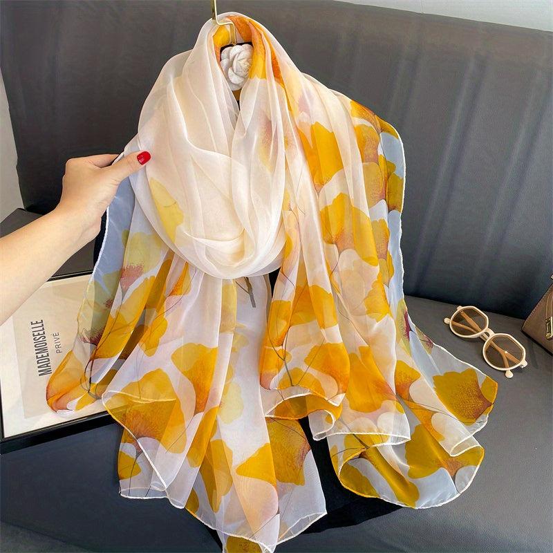 Apricot Leaf Print Chiffon Scarf Soft Shawl Thin Breathable Large Head Wraps