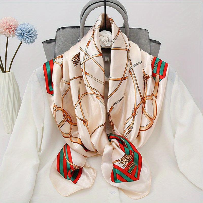 Chain Print Large Square Scarf Vintage Silk Satin Bandana