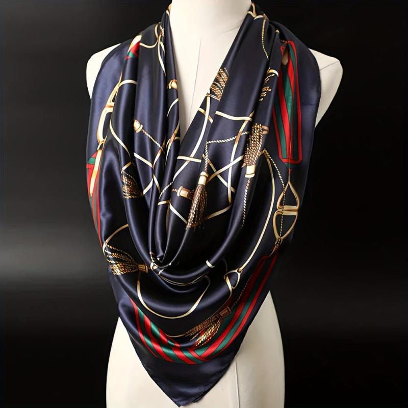 Chain Print Large Square Scarf Vintage Silk Satin Bandana