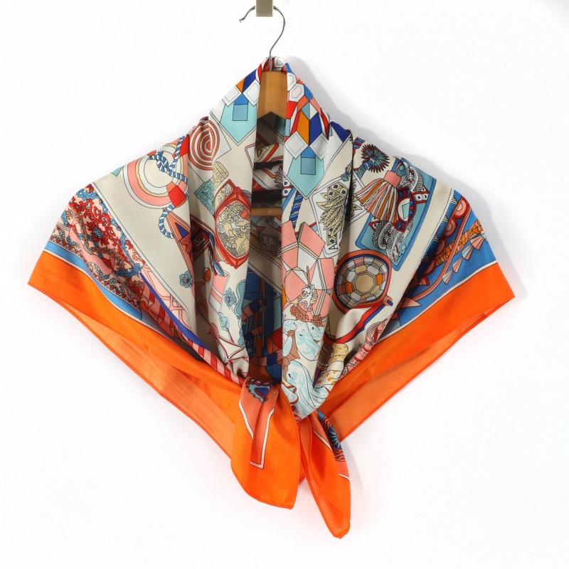 Vintage Floral Print Satin Square Scarf Silk Shawl