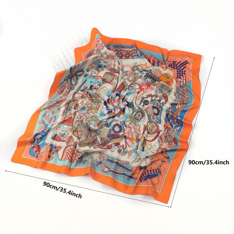 Vintage Floral Print Satin Square Scarf Silk Shawl