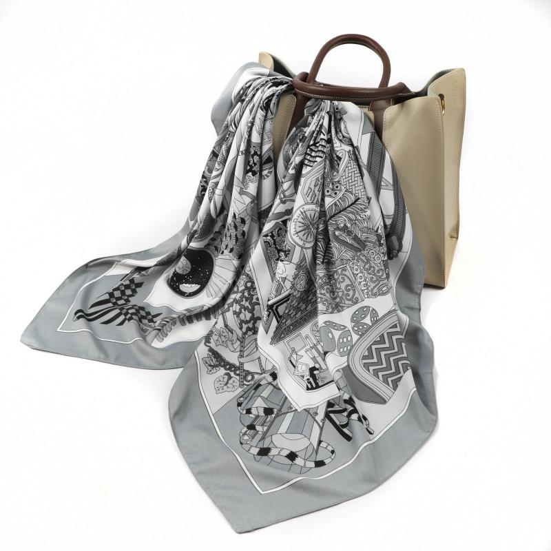 Vintage Floral Print Satin Square Scarf Silk Shawl