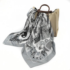 Vintage Floral Print Satin Square Scarf Silk Shawl