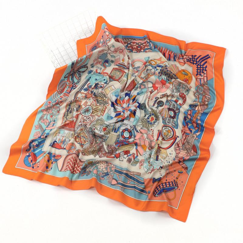 Vintage Floral Print Satin Square Scarf Silk Shawl