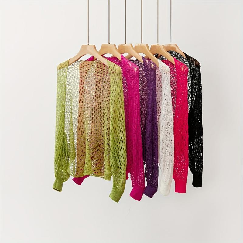 Thin Breathable Loose Knitted Shawl Geometric Hollow Out Long Sleeve Cape Wraps