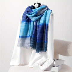 Boho Gradient Plaid Scarf Thin Breathable Headscarf Windproof Fringed Scarf