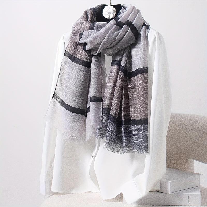 Boho Gradient Plaid Scarf Thin Breathable Headscarf Windproof Fringed Scarf