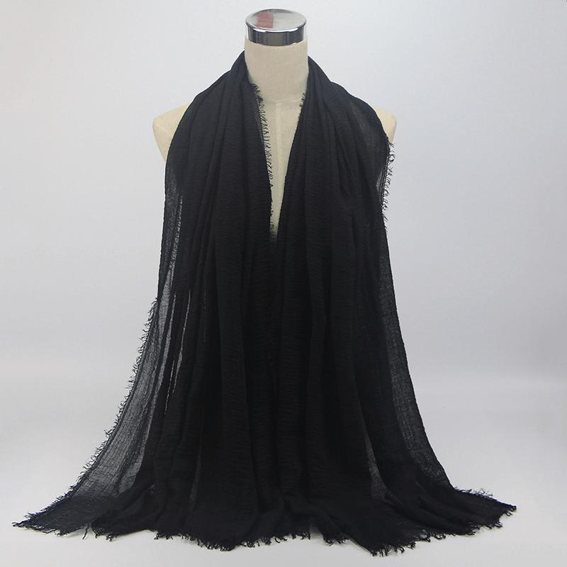 Vintage Hijab Solid Scarf Frayed Edge Shawl Casual Crinkle Head Wrap