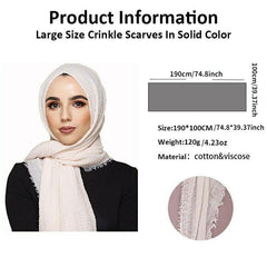 Vintage Hijab Solid Scarf Frayed Edge Shawl Casual Crinkle Head Wrap