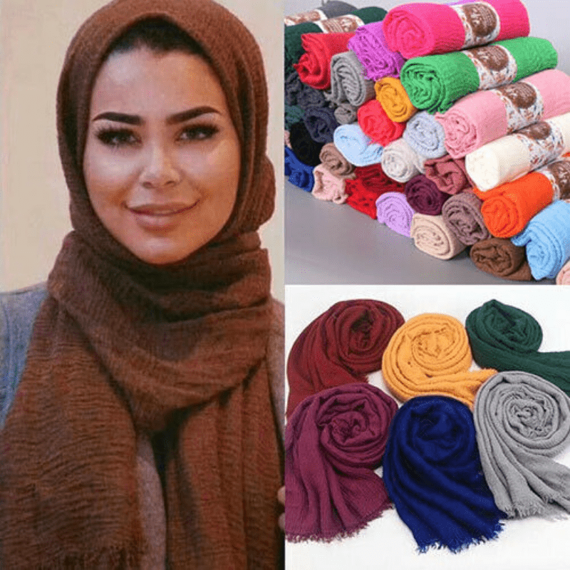 Vintage Hijab Solid Scarf Frayed Edge Shawl Casual Crinkle Head Wrap