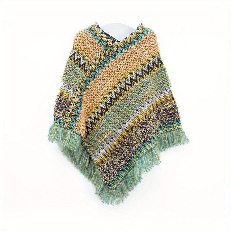 Boho Knitted Tassel Shawl Geometric Block Scarf