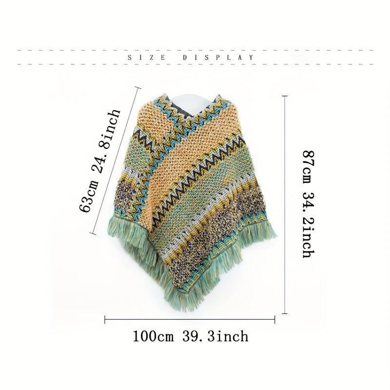 Boho Knitted Tassel Shawl Geometric Block Scarf