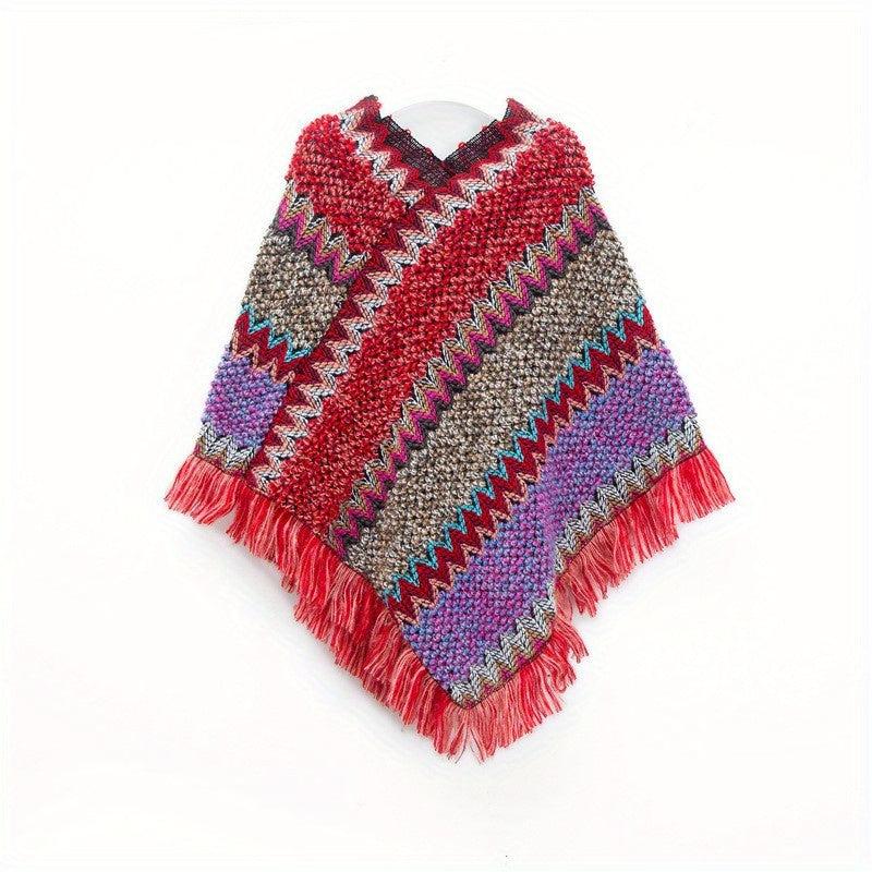 Boho Knitted Tassel Shawl Geometric Block Scarf