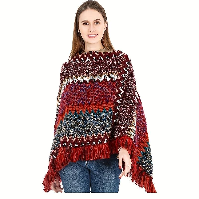 Boho Knitted Tassel Shawl Geometric Block Scarf