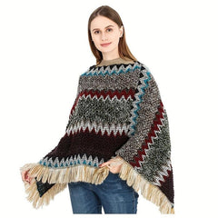 Boho Knitted Tassel Shawl Geometric Block Scarf